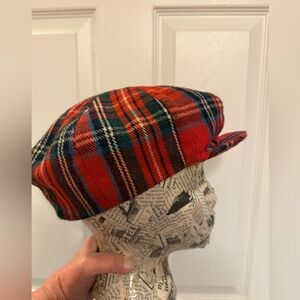 Vintage RS Jamieson Red Tartan Plaid Newsboy Cap - Turnberry Golf, Scotland
